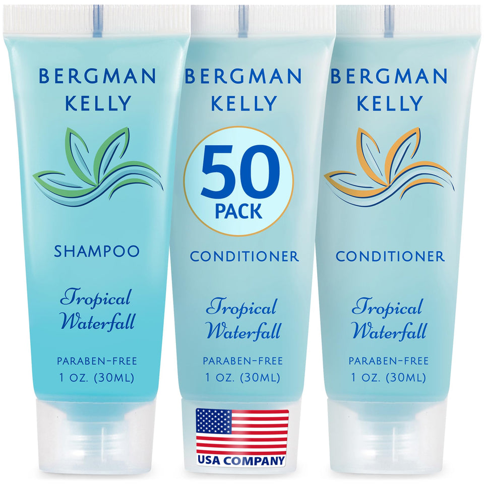 Bergman Kelly front packaging showing 1 fl oz bottles and Tropical Waterfall scent benefits