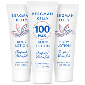 BERGMAN KELLY front packaging showing 100 travel lotion tubes, convenient bulk supply