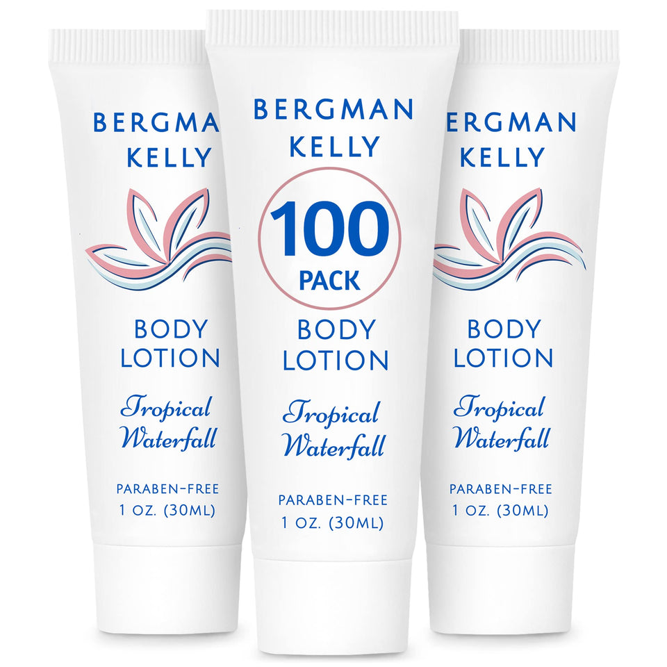 BERGMAN KELLY front packaging showing 100 travel lotion tubes, convenient bulk supply