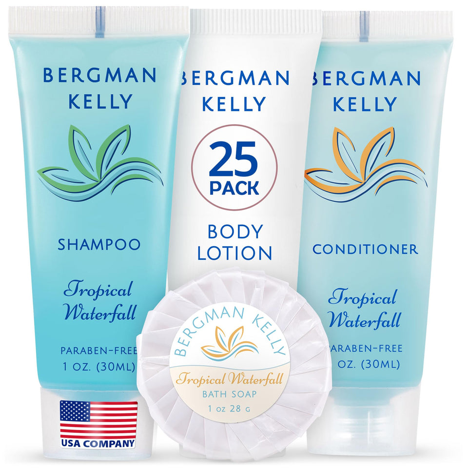 BERGMAN KELLY front packaging showing full 100-piece tropical waterfall set benefits