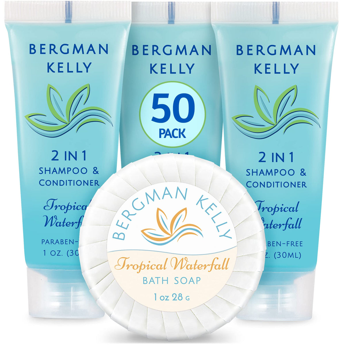 BERGMAN KELLY front packaging showing soaps and 2in1 bottles, clear guest-ready presentation