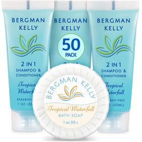 BERGMAN KELLY front packaging showing soaps and 2in1 bottles, clear guest-ready presentation