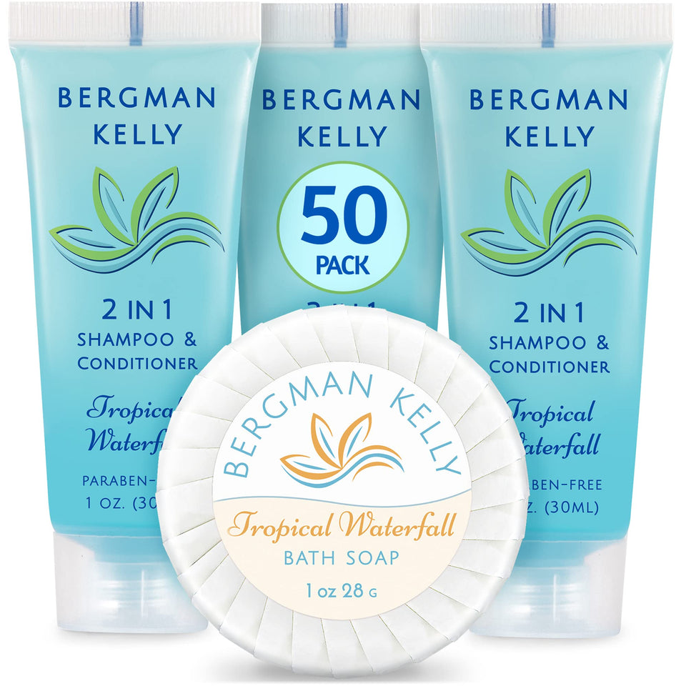 BERGMAN KELLY front packaging showing soaps and 2in1 bottles, clear guest-ready presentation