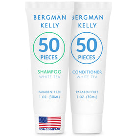 BERGMAN KELLY front packaging showing 100-piece hospitality set and white tea scent benefit