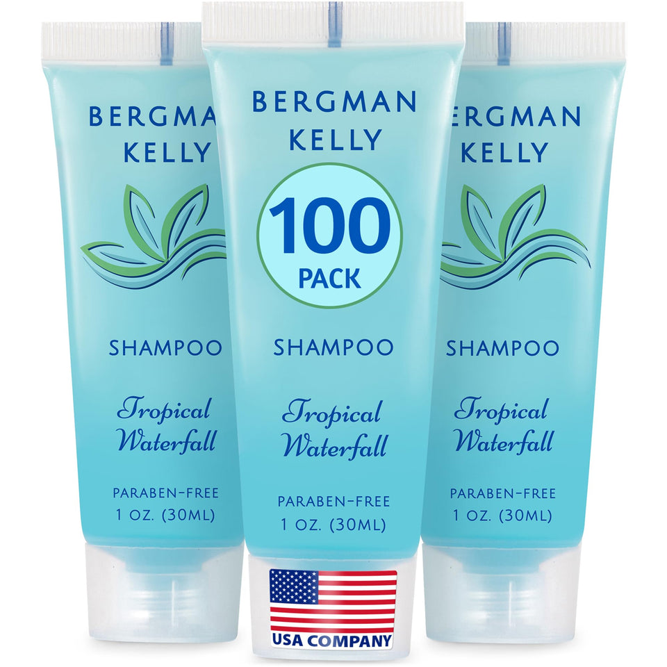BERGMAN KELLY front packaging showing 1 fl oz bottle and tropical label benefit: recognizable guest amenity