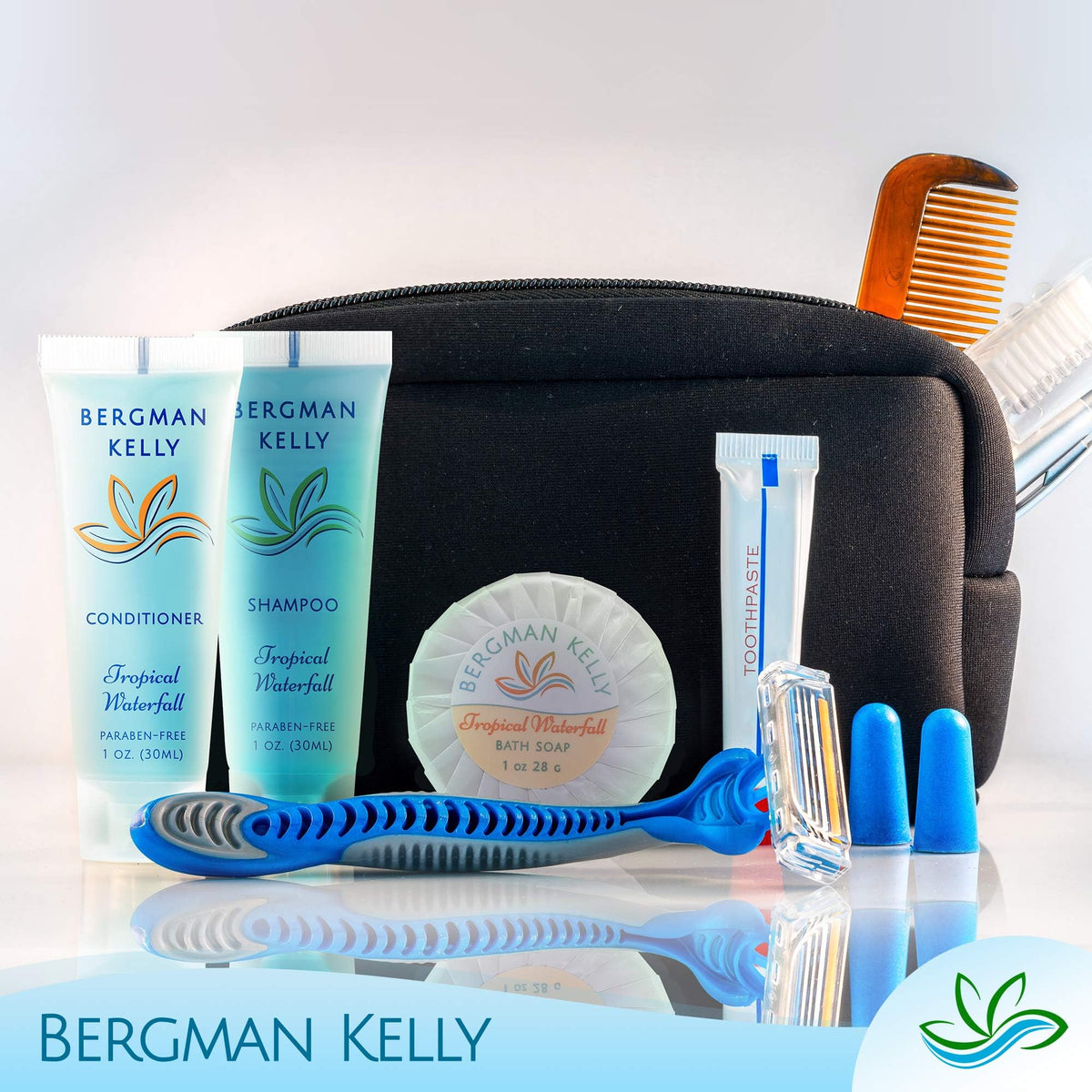 BERGMAN KELLY tube arranged on hotel sink conveying guest-ready amenity convenience