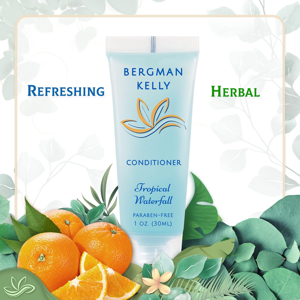 BERGMAN KELLY tube next to travel items illustrating compact, TSA-friendly size