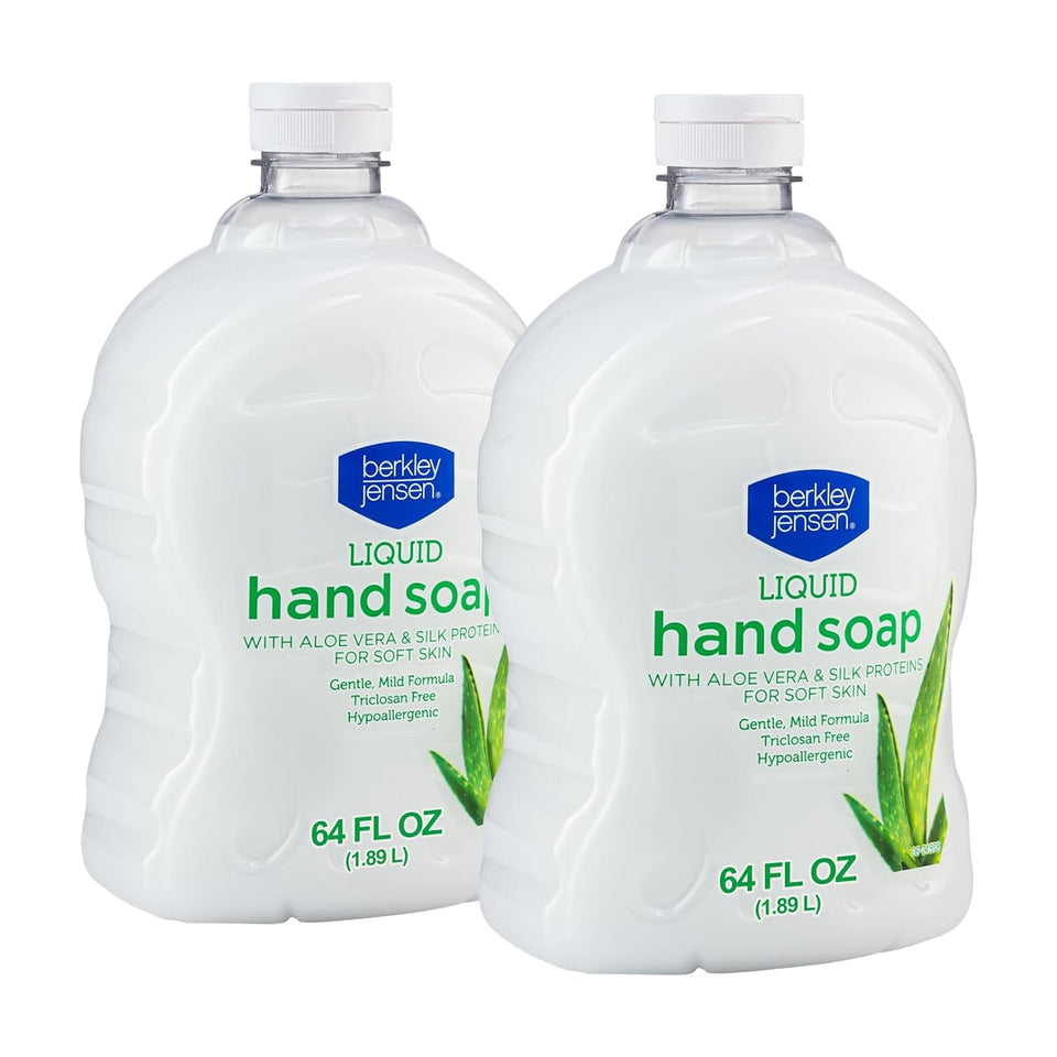 berkley jensen front packaging shows twin 64 oz refill bottles and benefits