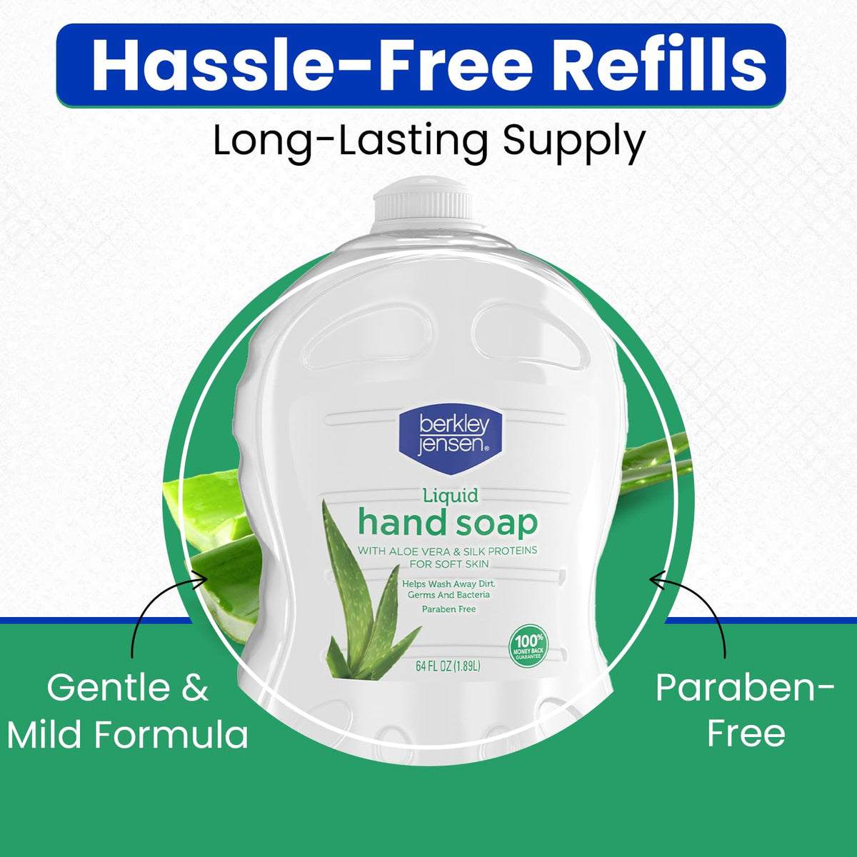 berkley jensen pouring refill action into dispenser for easy restocking