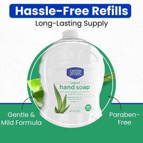 berkley jensen pouring refill action into dispenser for easy restocking