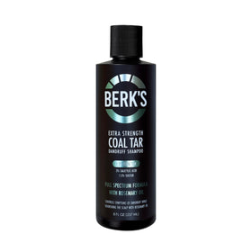Berk's bottle front label showing product name and strength, clear benefit for persistent flakes