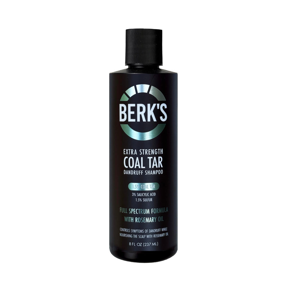 Berk's bottle front label showing product name and strength, clear benefit for persistent flakes