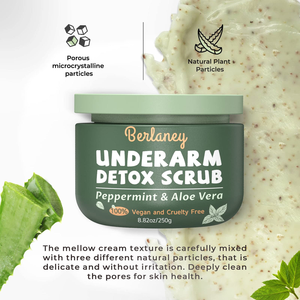 Berlaney texture close-up showing exfoliating walnut particles for renewal