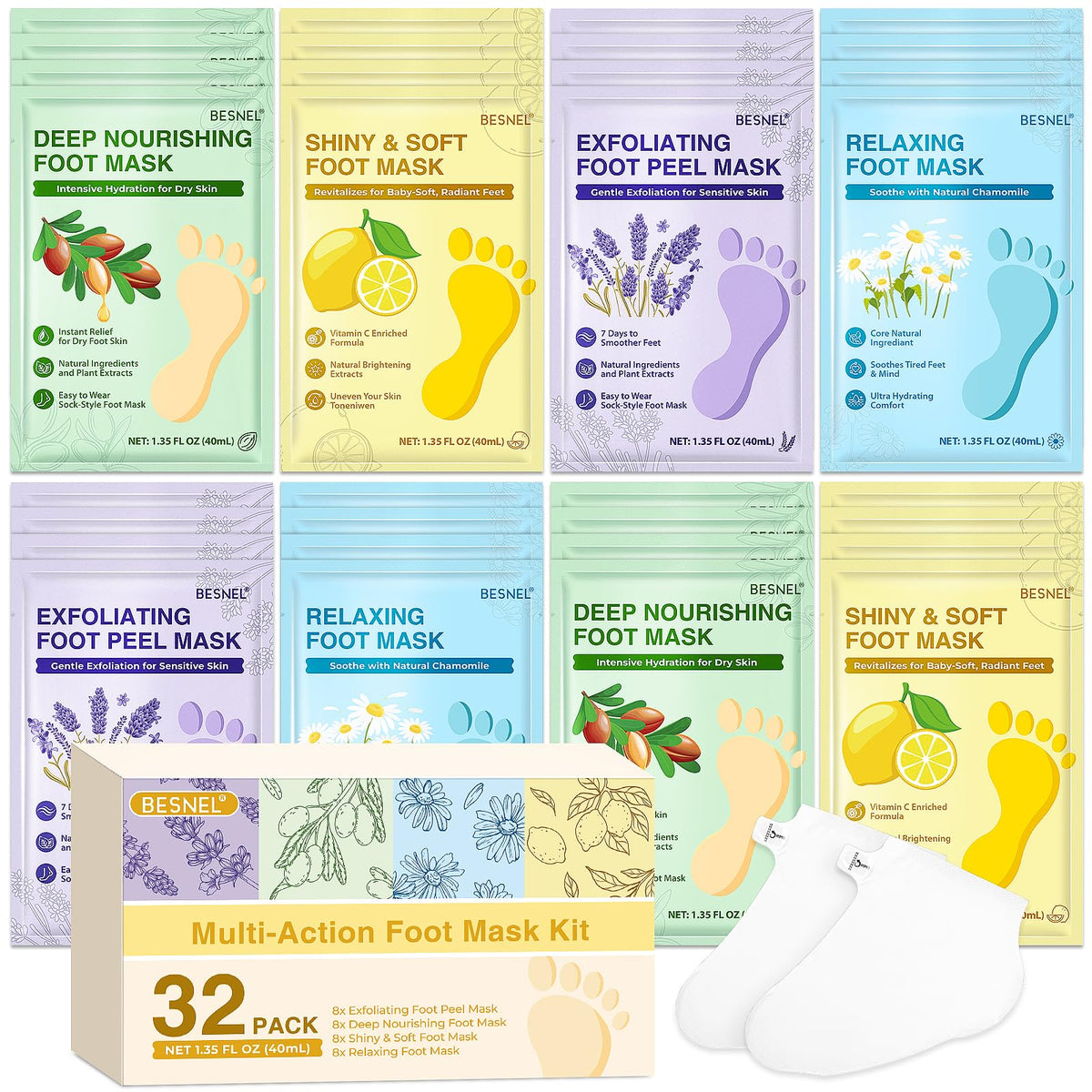BESNEL front packaging showing 32-pack and four mask types for easy selection