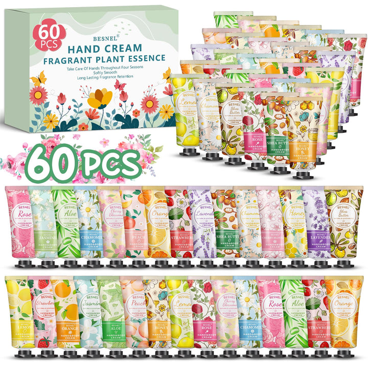 BESNEL front packaging showing all 60 mini hand cream tubes and variety benefits