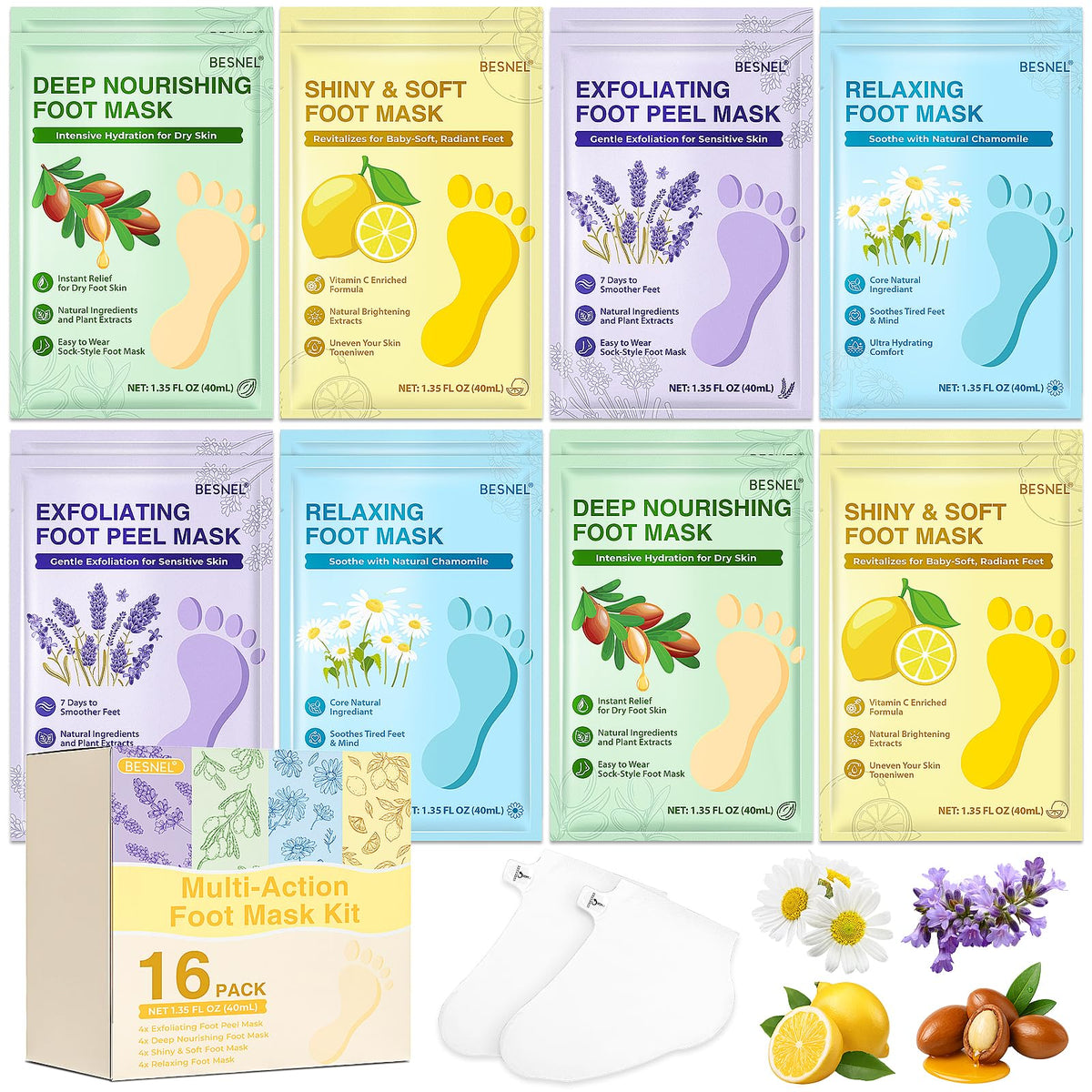 BESNEL front packaging showing 16-pack foot mask set and variety benefits
