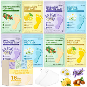 BESNEL front packaging showing 16-pack foot mask set and variety benefits