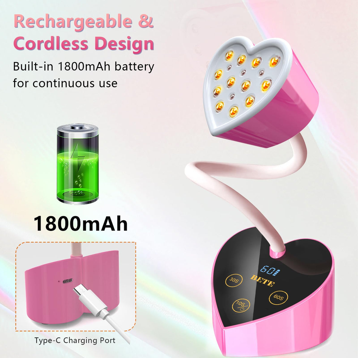 BETE lamp curing nails on a table illustrating fast cordless operation