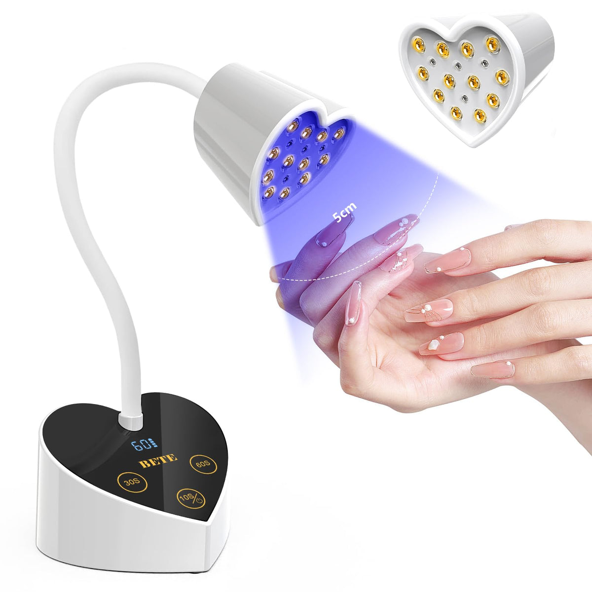 BETE front view of heart-shaped lamp showing sleek portable design and fast curing
