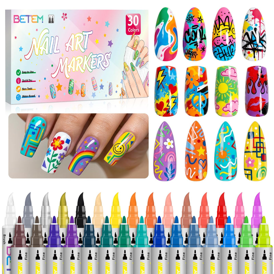 Betem front packaging of 30-color nail art pens showing full set for creative variety