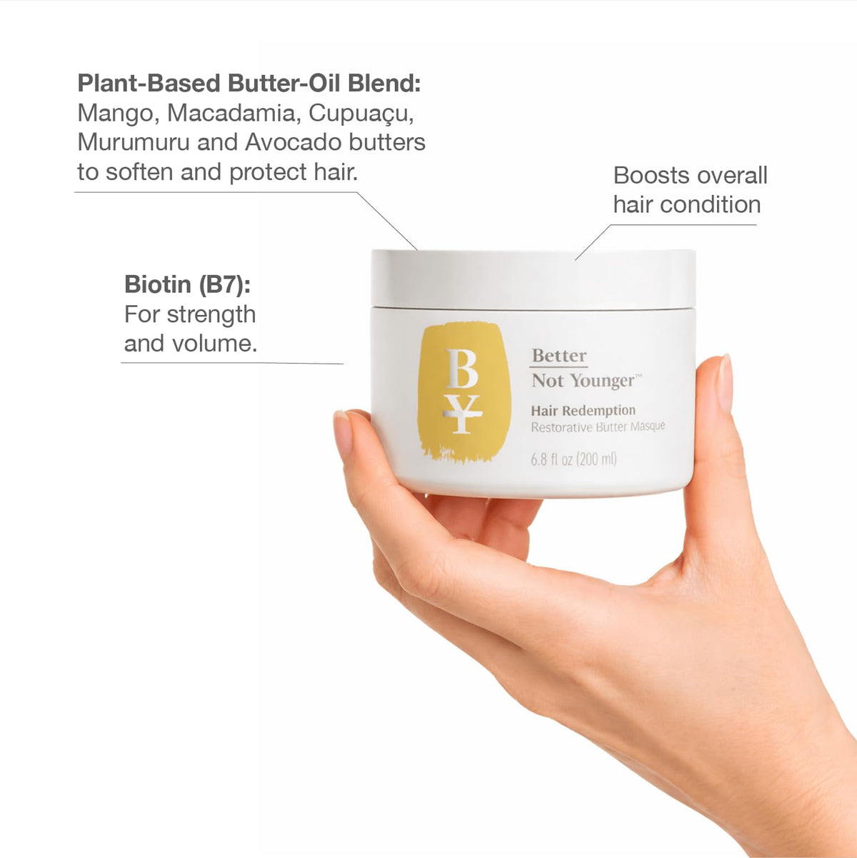 Better Not Younger natural butters and argan oil ingredients promoting soft hair
