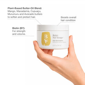Better Not Younger natural butters and argan oil ingredients promoting soft hair