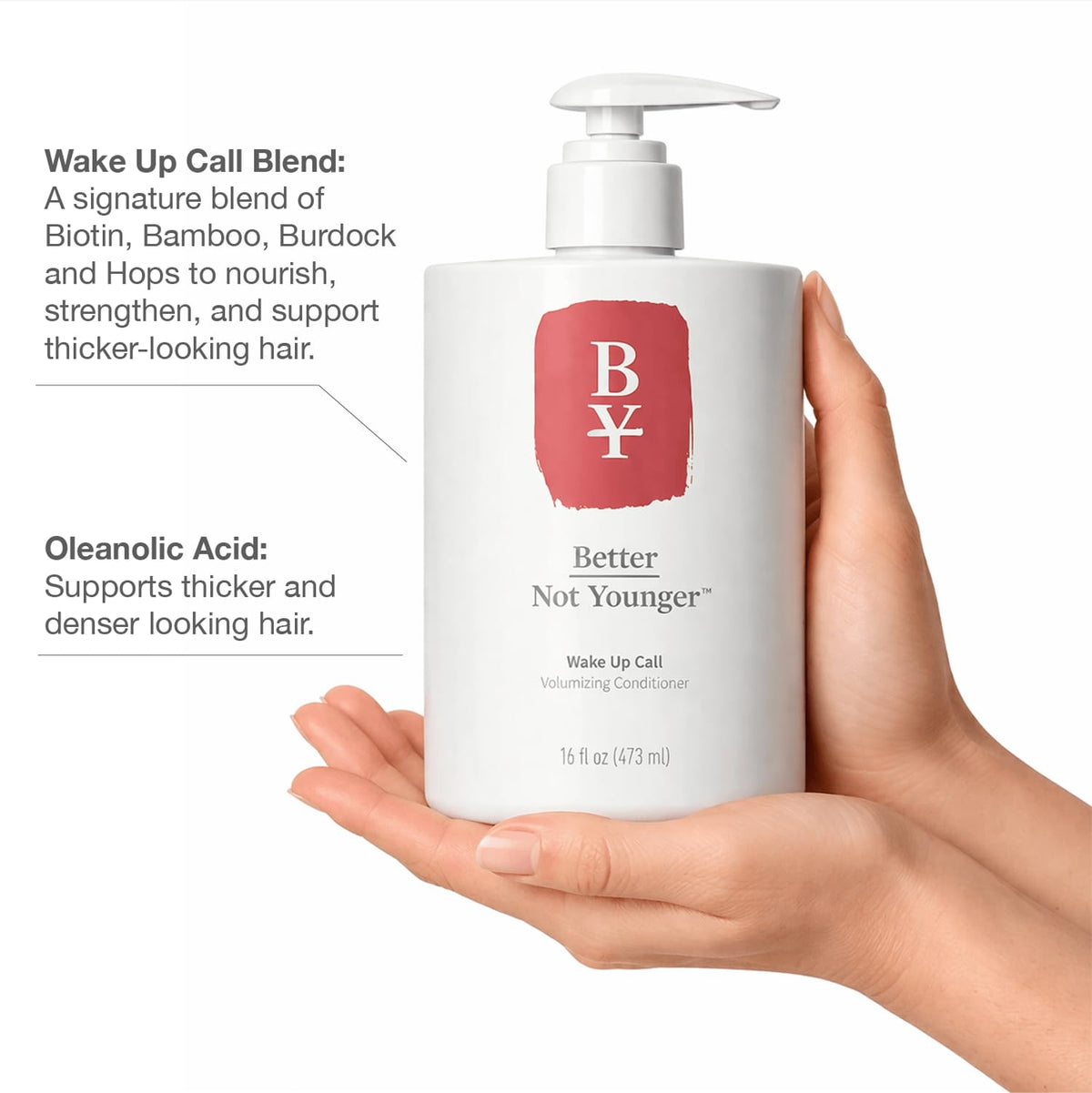 Better Not Younger pump top and clear product label for easy dispensing