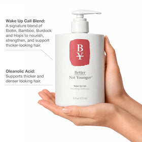 Better Not Younger pump top and clear product label for easy dispensing