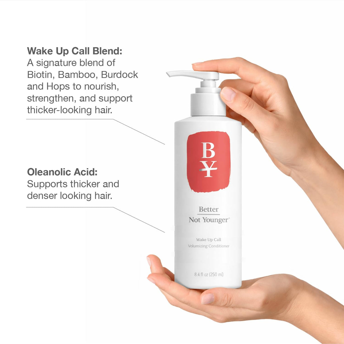 Better Not Younger label and pump detail highlighting brand and easy dispensing