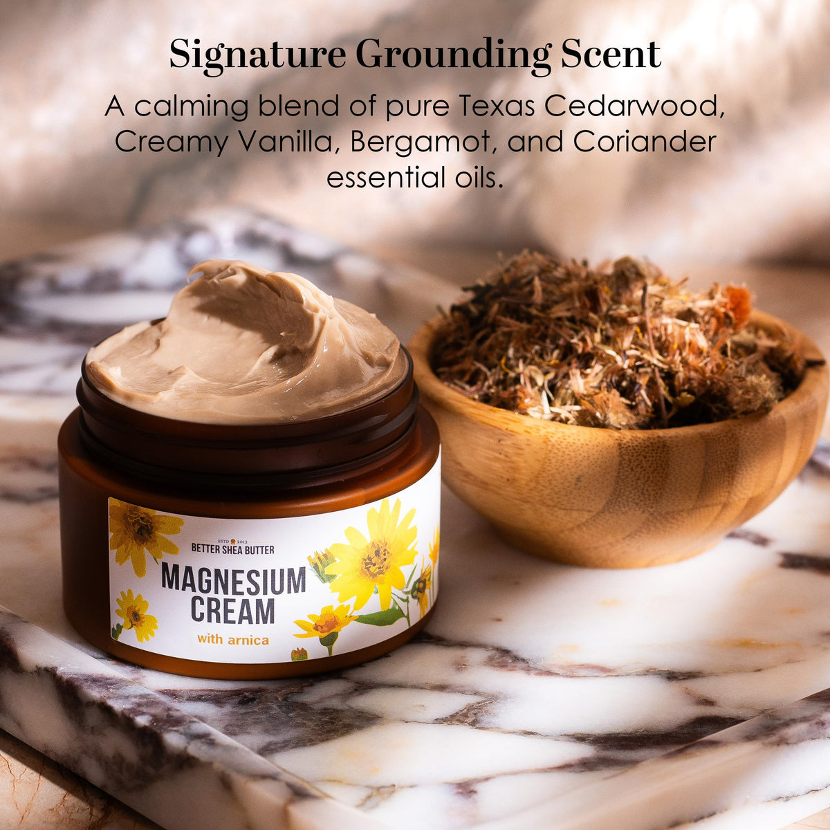 Better Shea Butter close-up of arnica montana extract highlighting botanical support
