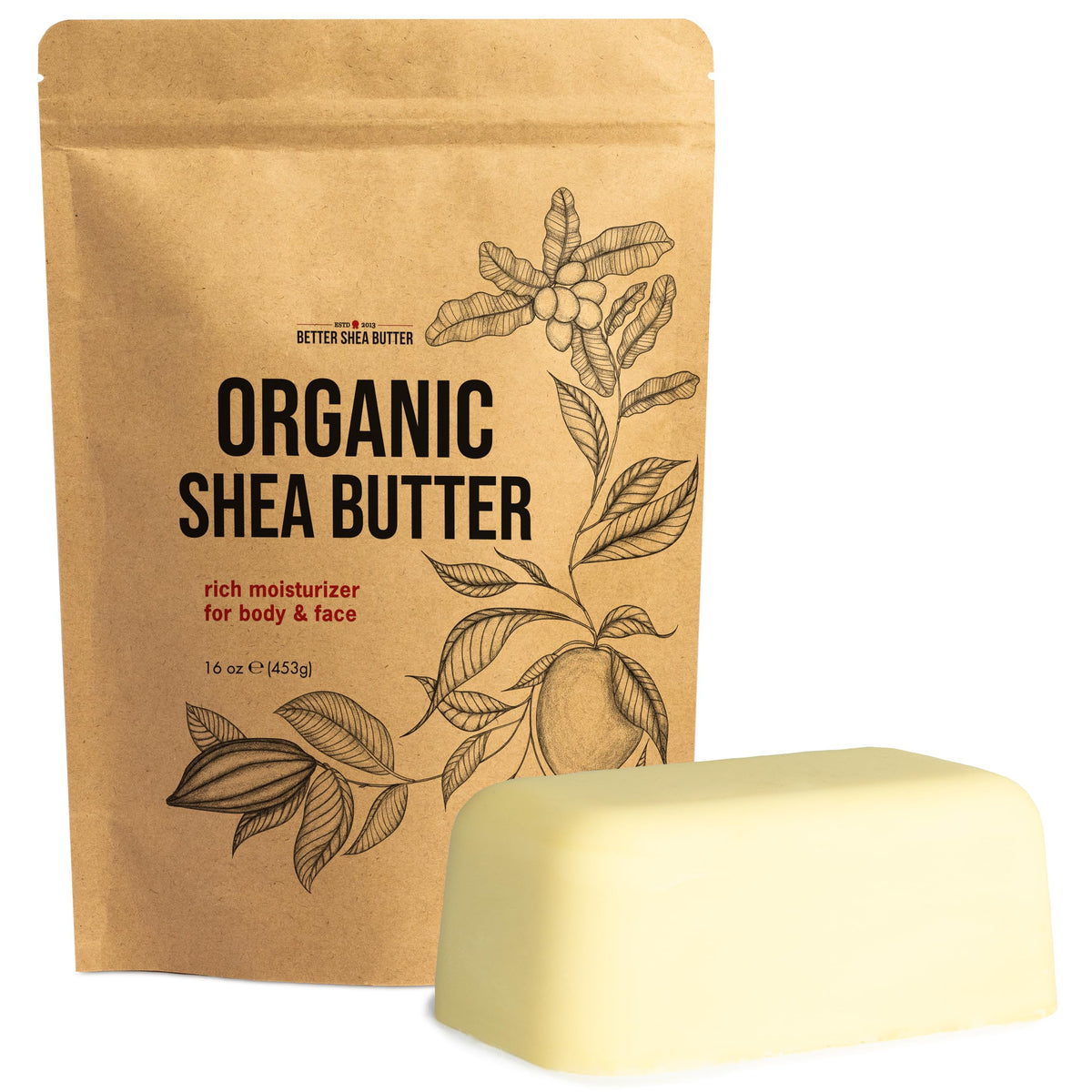 Better Shea Butter 1 lb bar front view showing pure organic product and packaging benefit