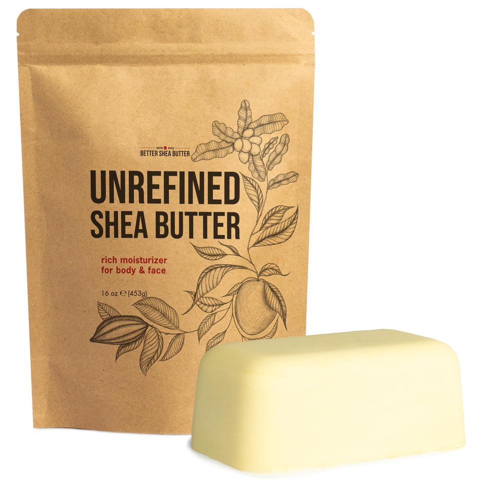 Better Shea Butter front block package showing clean 1 lb block for economical use