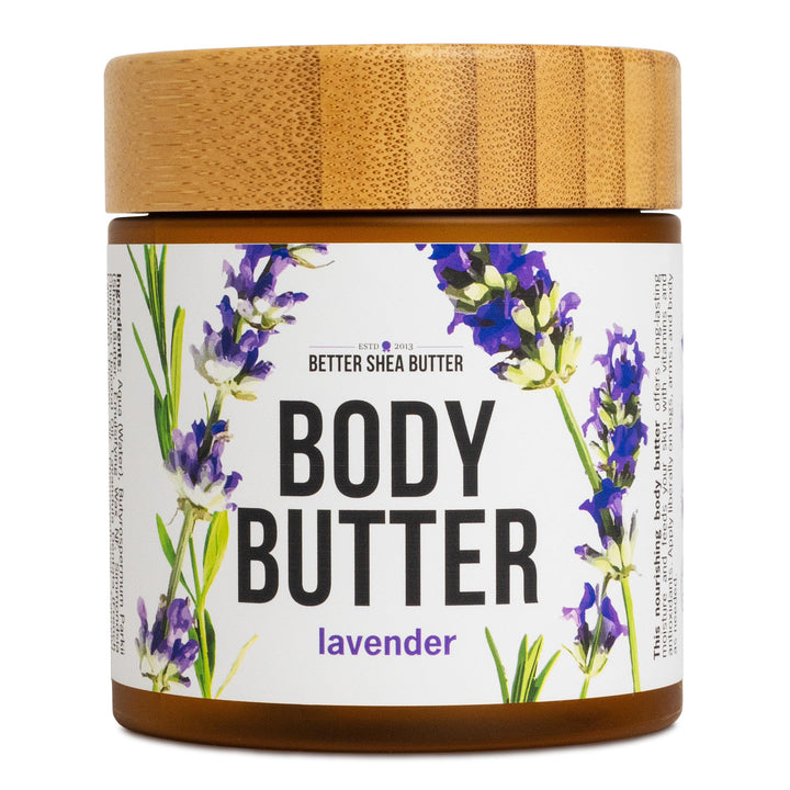 Better Shea Butter jar front view showing lavender scent and natural benefits
