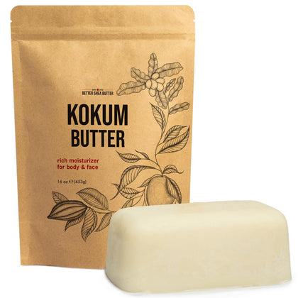 Better Shea Butter kokum butter block front view showing pure unscented block and packaging benefits