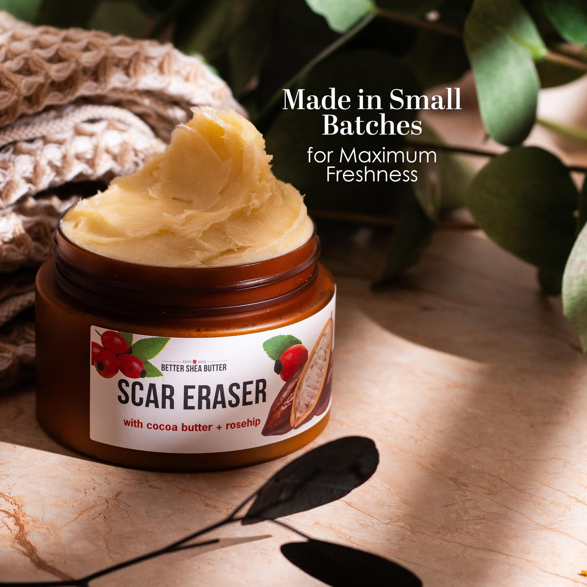 Better Shea Butter jar in a bathroom scene conveying daily moisturizing routine