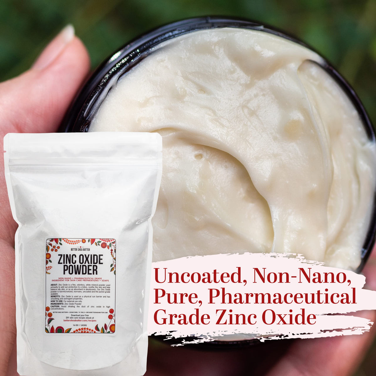 Close-up of zinc oxide powder texture by Better Shea Butter for smooth dispersion