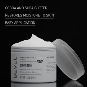 Bevel open jar with cocoa and shea visual suggesting nourishing, smooth skin