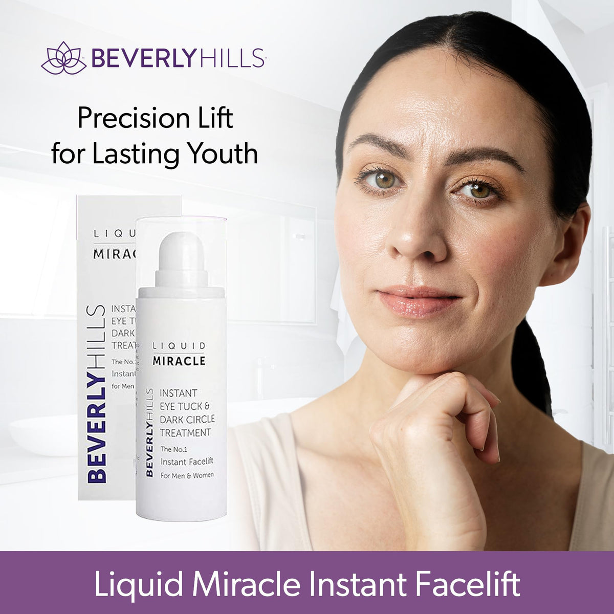 BEVERLY HILLS bottle on vanity in modern bathroom suggesting daily routine ease