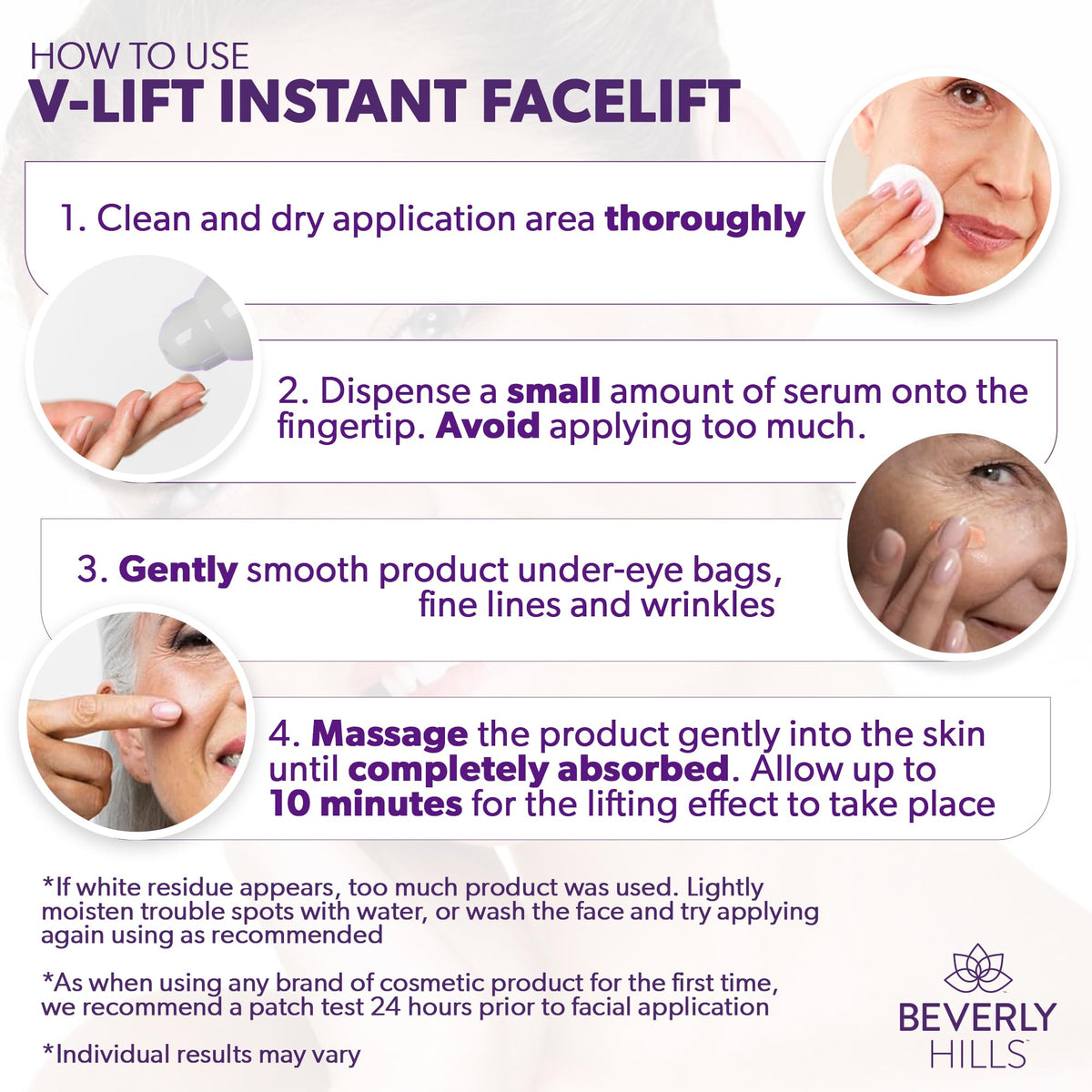 BEVERLY HILLS serum being applied under the eye for immediate tightening benefit