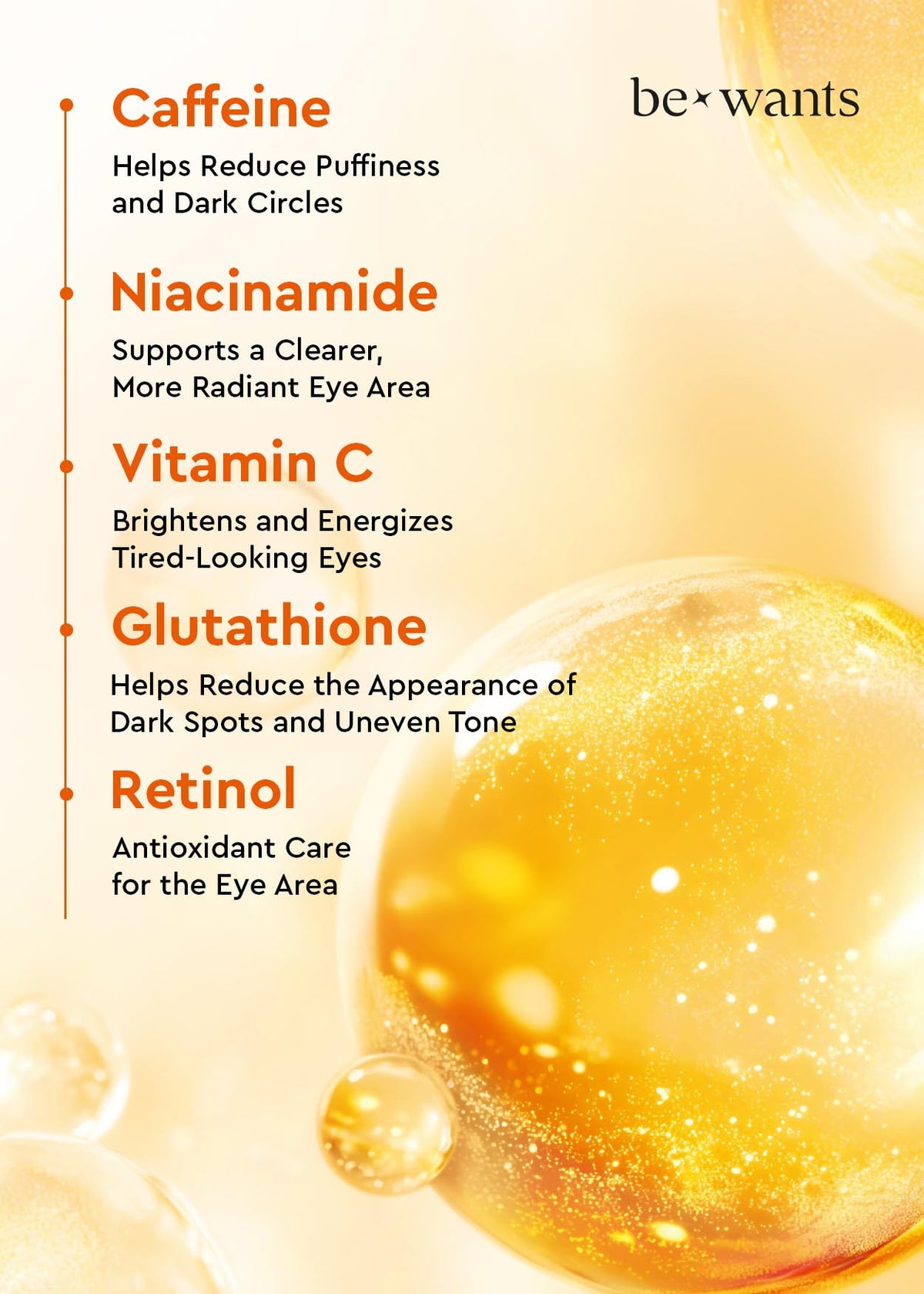 BE+WANTS ingredient label highlighting glutathione and niacinamide benefits