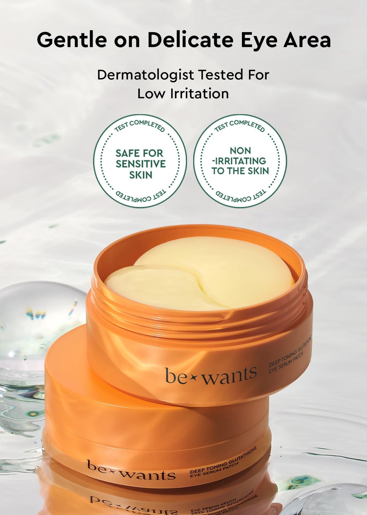 BE+WANTS bowl of patches and serum flatlay for easy at-home use
