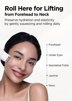 BE+WANTS model using roller on neck to lift and soothe skin