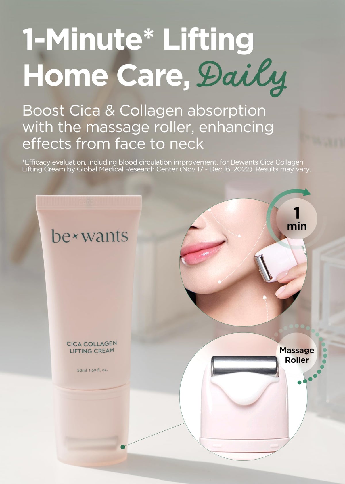 BE+WANTS close-up of roller head for smooth application benefit