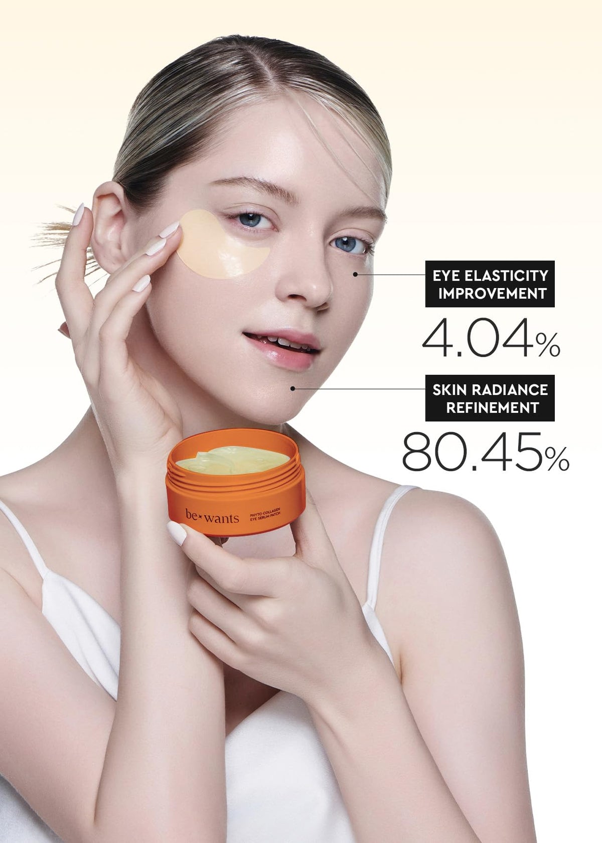 BE+WANTS patch application under eye demonstrating quick refresh