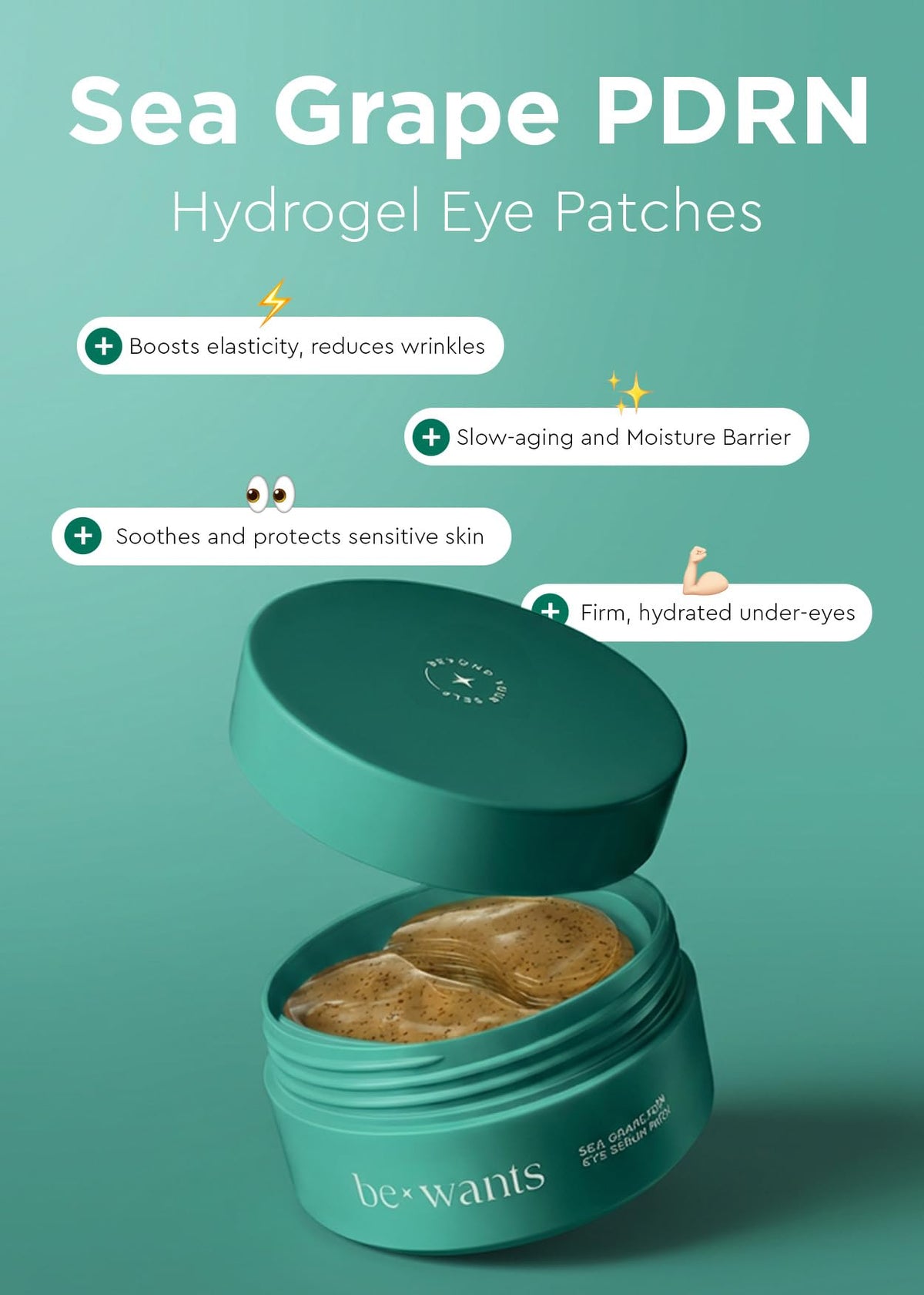 BE+WANTS open jar with patches visible and nourishing serum benefit