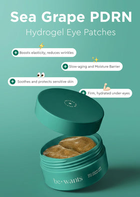 BE+WANTS open jar with patches visible and nourishing serum benefit