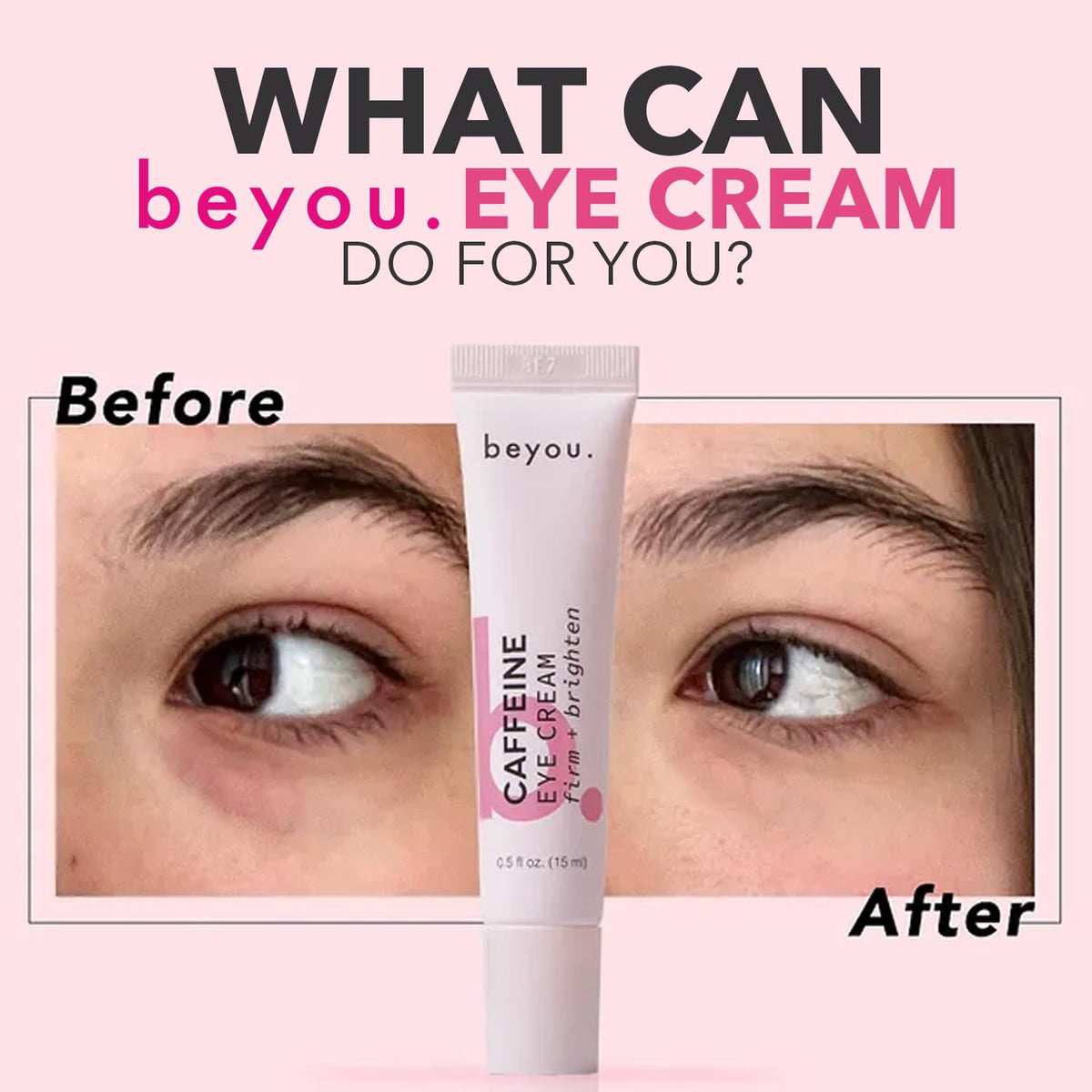 Beyou ingredient display with caffeine and hyaluronic acid, highlights energizing and plumping benefit