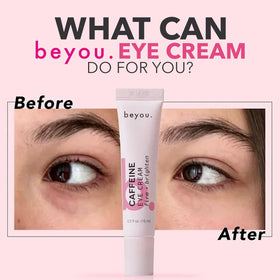 Beyou ingredient display with caffeine and hyaluronic acid, highlights energizing and plumping benefit