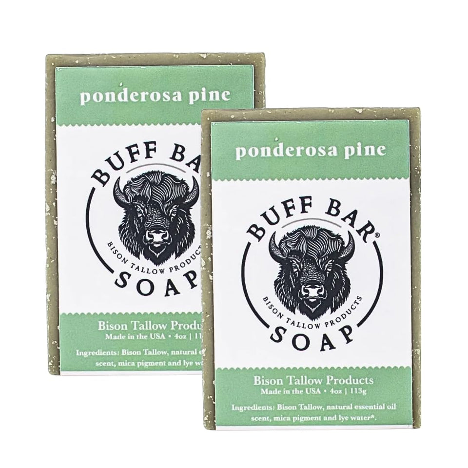 Big Crazy Buffalo front packaging showing natural pine scent and two bars benefits moisturizing