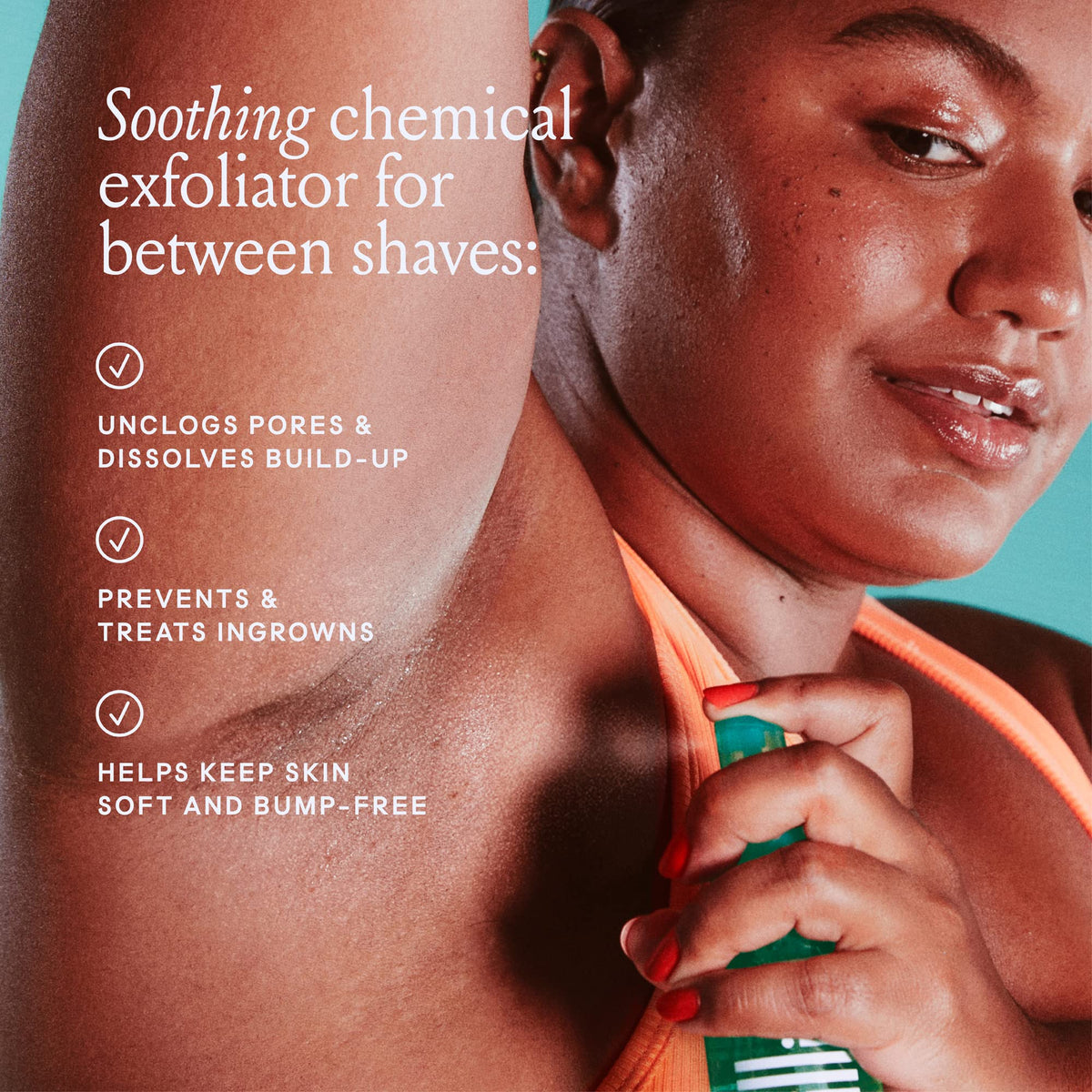 Billie spray nozzle releasing mist for easy all-over application benefit